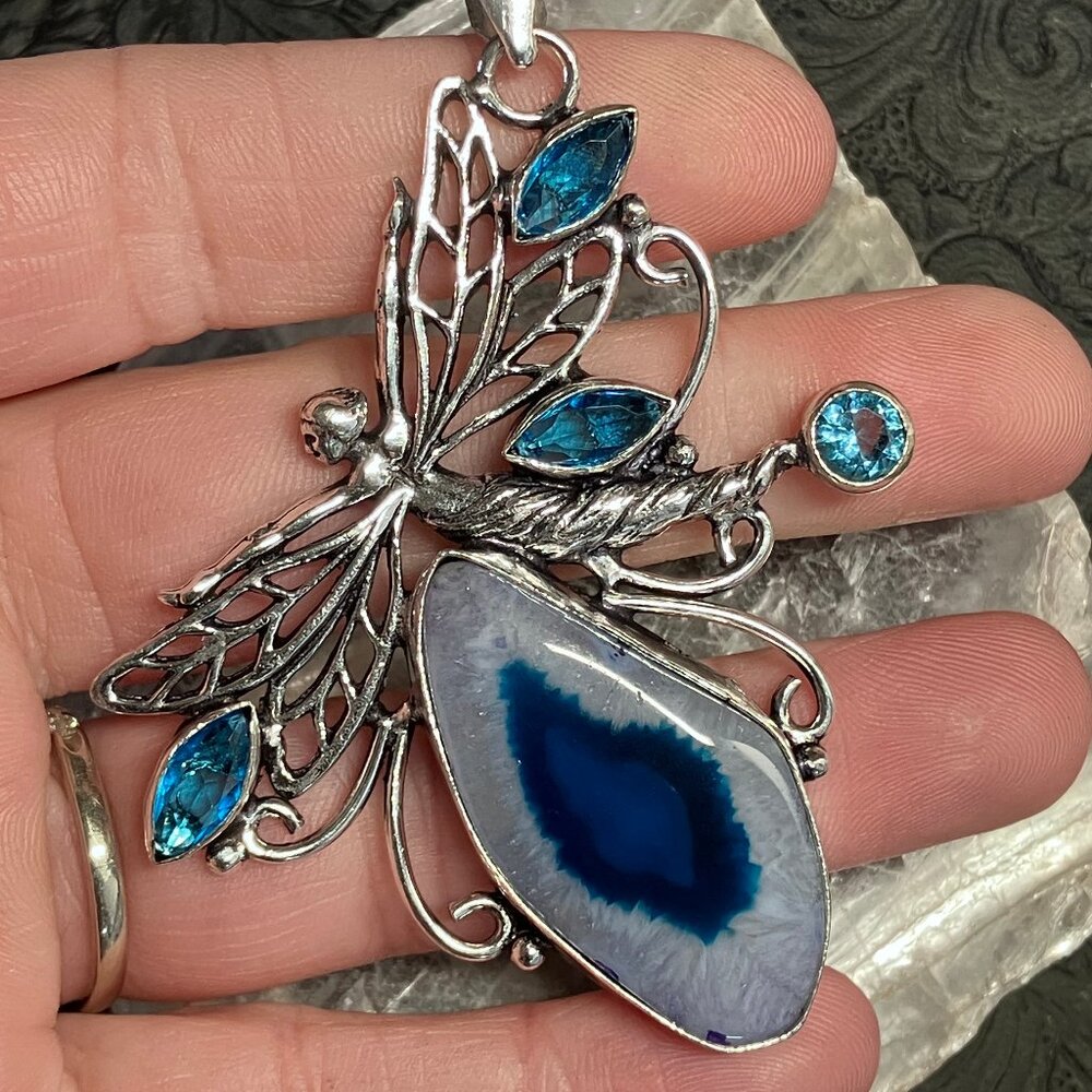 Blue Quartz and Faceted Topaz Fairy Pendant Stone Crystal Jewelry